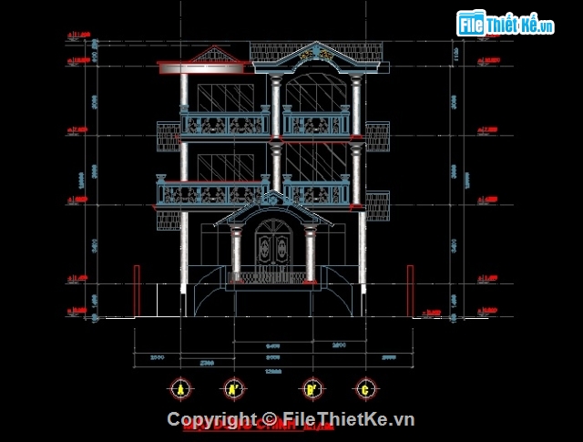 bản vẽ biệt thự 8x15m có 1 tầng hầm và 3 tầng nổi,biệt thự cổ điển 3 tầng kt 8x15m,bản vẽ biệt thự 3 tầng nổi và 1 hầm KT 8x15